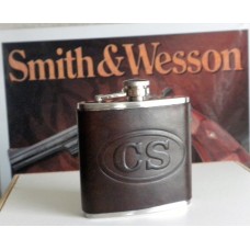 Handmade Leather Bound 6oz Flask CS Logo  Design in Dark Brown
